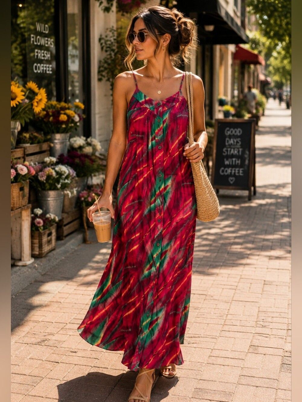 Vintage UNO Sleeveless Button-Front Maxi Dress in Red Green Print